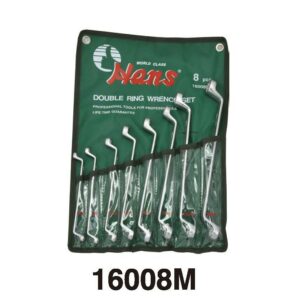 16008M Metric 8 pcs double ring wrenches with 75° offset heads, mirror-polished finish, slim shafts, and roll pouch. Die-stamped for durability.