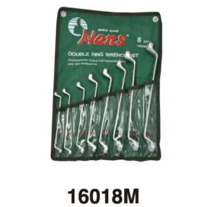 16018M 8 pcs slim Metric double ring wrench set with mirror heads, die-stamped sizes, and roll pouch. Ideal for auto and machinery work.