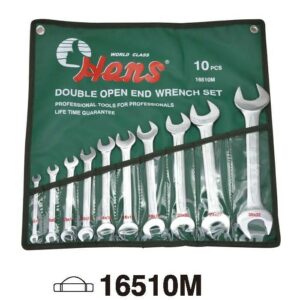 10-piece double open-end wrench kit with durable roll-up canvas bag. Ideal for on-site technicians.