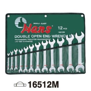 12-piece double open-end wrench set stored in rugged canvas roll pouch. Efficient tool access and protection.