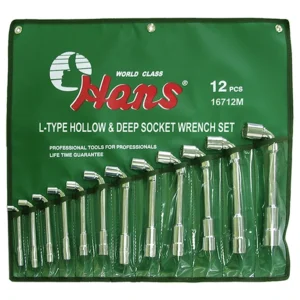 16712M – 12-Piece L-Type Hollow & Deep Socket Wrench Set in Roll Pouch Bag
