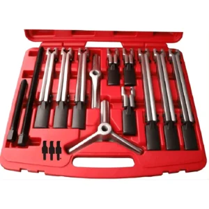 Two-Way In-External Puller Set A versatile mechanical puller designed to remove gears, pulleys, bearings, and bushings from shafts internally or externally. It includes 2-arm and 3-arm beams, various forged hooks, and a threaded spindle, making it adaptable to different applications.