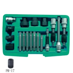 18-piece alternator socket set with splined and slotted bits for Bosch, Ford, GM, VW, and more