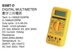 B3MT-D Digital Multimeter is a professional-grade diagnostic tool that combines multiple functions in one compact device. Designed for automotive and electrical maintenance, it supports RPM, dwell angle, and duty cycle functions for ignition systems, alongside comprehensive electrical measurements. Key Features: • Tachometer: 0–1999 RPM (×1 / ×10) • Duty Cycle: 0.0% – 90.0% • Dwell Angle: For 4, 6, 8-cylinder engines • DC Voltage: 200mV, 2V, 20V, 200V • AC Voltage: 200V, 750V • DC Current: Up to 15A • Resistance: 200Ω, 20kΩ, 200kΩ • Temperature: 0–2000°F / -20°C to 1000°C The B3MT-D features a large, clear display and rotary switch for easy mode selection. With a protective yellow housing and wide application range, it's a valuable instrument for electricians, technicians, and automotive professionals alike.