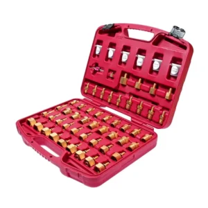 57-piece universal A/C adaptor set for leak detection and pressure testing of compressors, valves, dryers, and evaporators in general automotive systems.