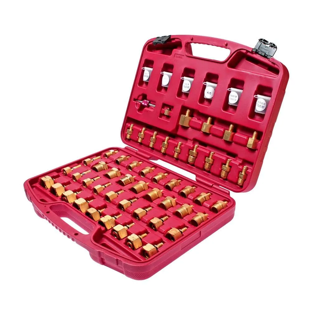 B7AD-57-1-min 57-piece universal A/C adaptor set for leak detection and pressure testing of compressors, valves, dryers, and evaporators in general automotive systems.