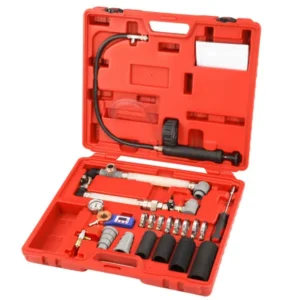 21-piece cooling system tester with digital LCD, accurate up to 200 psi. Includes pressure gauge, optional nylon pump, and multiple hose adaptors.