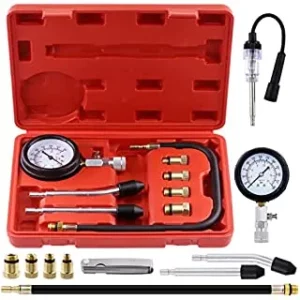 • Dual scale gauge (0–300 PSI / 0–20 BAR) with rubber protector • 2 cone rubber tips for quick press-in testing • Flexible pressure hose for accessing tight areas • 4 brass adapters included for spark plug ports: • M10 × 1.0 • M12 × 1.25 • M13 × 1.25 • M18 × 1.5 • Suited for most gasoline engines in cars, motorcycles, and small machines • Packed in a blow-molded case for organized storage • Easy to use and essential for diagnosing engine compression issues