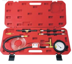 Gauge: 0–150 PSI range Adaptor hoses: • ⁷⁄₁₆"–20 threads • 0.308"–32 threads Single-end hose with fuel bolt adaptor: 6mm Connector options: • ¼", ⅜", ⁵⁄₁₆" • Double-end hose connectors: ⁵⁄₁₆" & ⅜" drive Compatible with both gasoline and diesel injection systems Includes durable red plastic carrying case for easy transport and storage