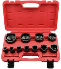 HBNU-11 piece heavy-duty socket set for ball bearing lock nuts. Outer tooth & conical designs fit various hubs. ½" drive, impact-rated, with carry case.