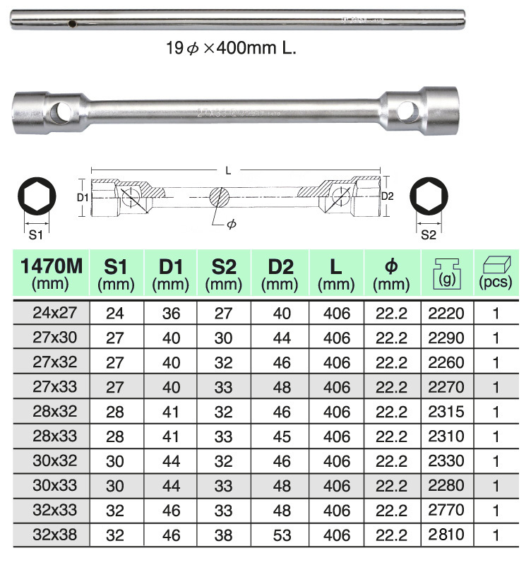 1470M 2-Way Truck Tire Wrench is engineered for durability and high torque output, specifically for heavy-duty commercial vehicles and truck tire maintenance. Each wrench features two integrated socket heads in common truck lug sizes (24x27mm to 32x38mm), and comes with a 400mm long handle bar to provide maximum leverage. Manufactured from industrial-grade chrome vanadium steel, the wrench ensures long-lasting performance under demanding conditions. The crossbar hole design allows for firm engagement and torque application in both directions. Whether you're a fleet operator, tire shop technician, or service truck professional, this is a must-have tool for tire removal and installation on large vehicles. Key Features: • Dual-head hex socket design: covers two sizes in one tool • Sizes from 24x27mm up to 32x38mm • 400mm chrome-plated bar provides strong leverage • Made from high-torque resistant Cr-V steel • Drop-forged and precision-machined sockets • Smooth satin finish for corrosion resistance • Ideal for truck tires, buses, and heavy equipment