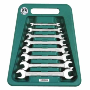 8-piece metric double open-end wrench set from HansTools 1151 Series. Mirror-polished ends in TPV plastic case for durable tool storage.