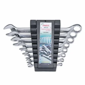 Precision 8-piece 1163M metric wrench set with 45° offset ring ends, die-stamped sizes, and a strong organizer rack for workshop efficiency.