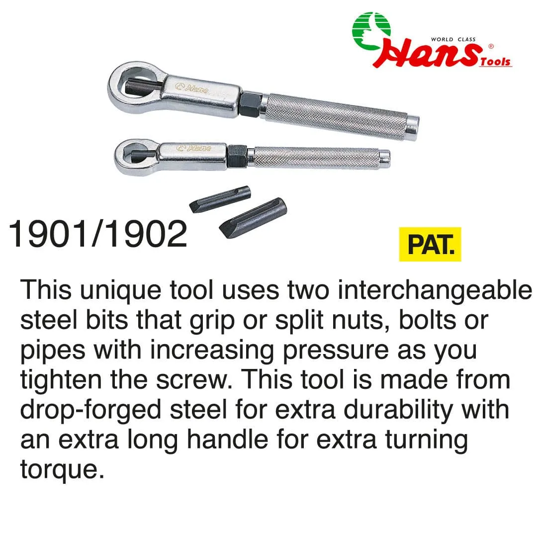 1901-2-min 1901 / 1902 is a patented dual-function nut grabber and splitter equipped with two interchangeable hardened steel bits. Designed for both gripping and splitting applications, it provides increasing torque as you tighten the screw—making it ideal for rusted, damaged, or seized nuts, bolts, and pipes. Crafted from drop-forged steel for superior strength and longevity, the tool features an extra-long knurled handle for added grip and turning force. Whether you're a mechanic, technician, or repair specialist, this is a must-have solution for tough disassembly jobs. ________________________________________ Product Features • 🔩 Dual Function: Grips or splits nuts, bolts, and small pipe fittings • 🔁 Interchangeable Bits: Two steel bits for different applications • 🛠️ Drop-Forged Steel: Ensures heavy-duty performance and long service life • 🔧 Knurled Handle: For enhanced grip during high-torque operations • 📏 Extended Handle: Provides added leverage for hard-to-turn components • 🛡️ Patented Design: Unique mechanism ensures controlled pressure and safety